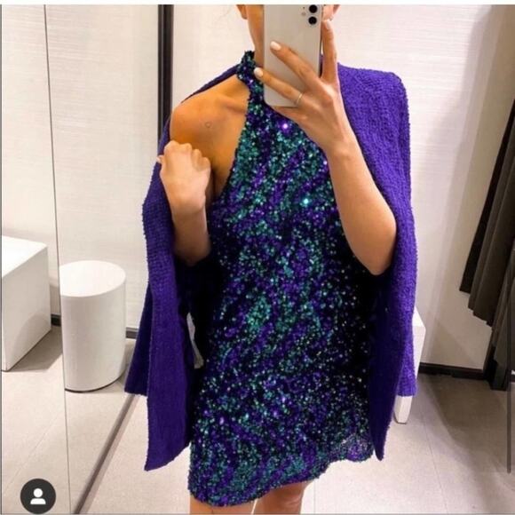 Zara Blue and Green SEQUIN HALTER DRESS - Picture 4 of 12